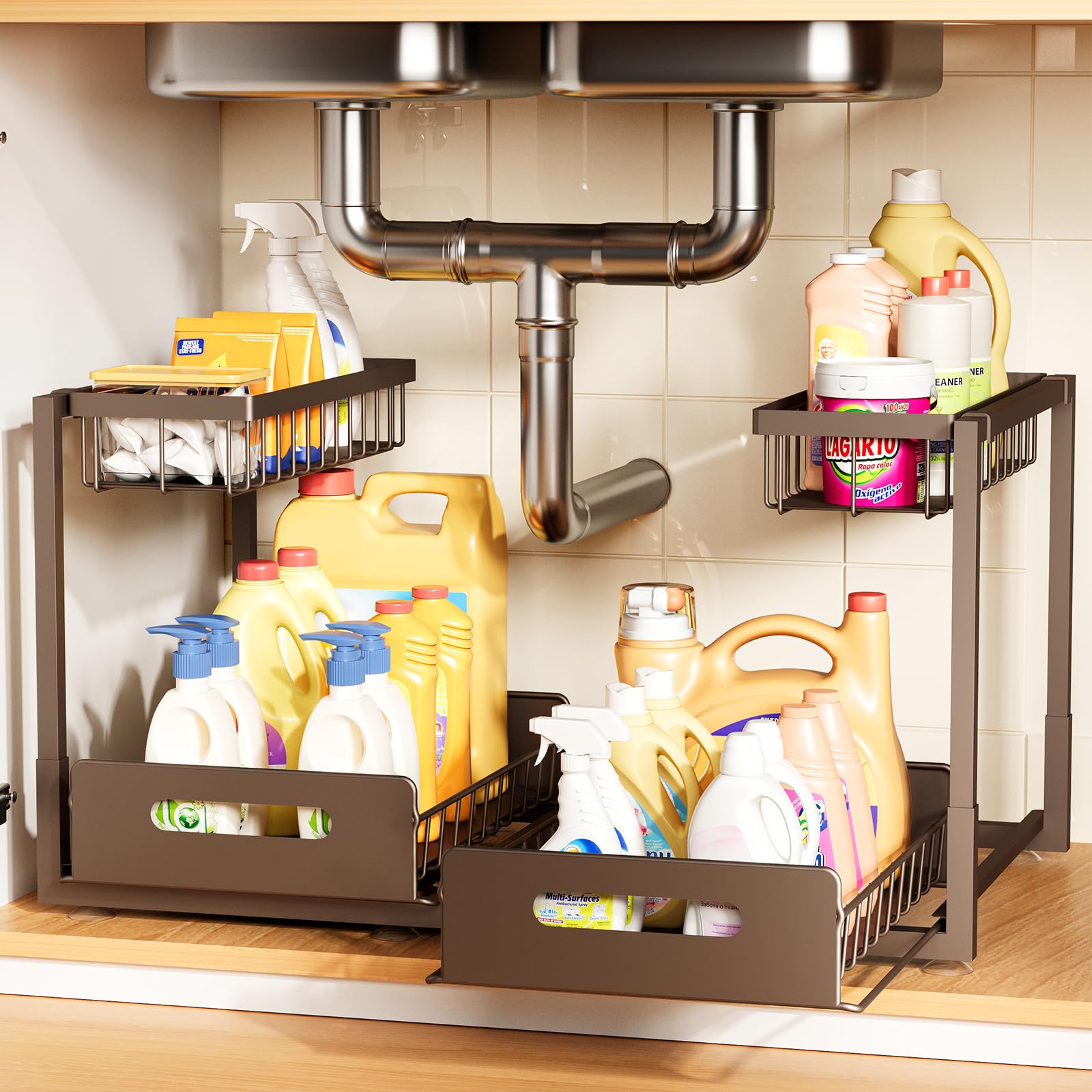 Photo 1 of Under Sink Organizer 2 Pack,Metal Pull Out Cabinet Organizer Shelf,Kitchen Bathroom Organizers with Sliding Drawer,Storage Shelves,Storage and Organization for Home,Laundry,RV,Pantry,Spice,Brown