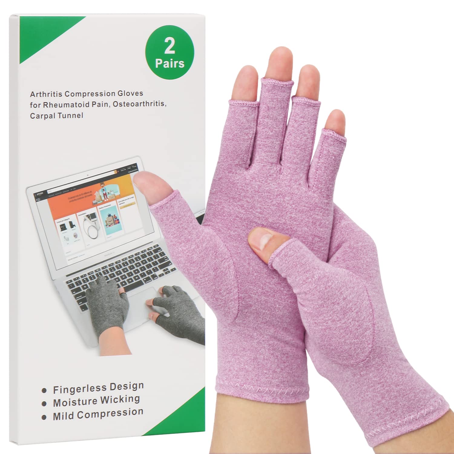 2-Pair Arthritis Compression Gloves for Alleviate Rheumatoid Osteoarthritis, Carpal Tunnel Raynauds Disease, Ease Muscle Tensi on Fingerless, Breathable & Moisture, Women and Men (Purple, Large)