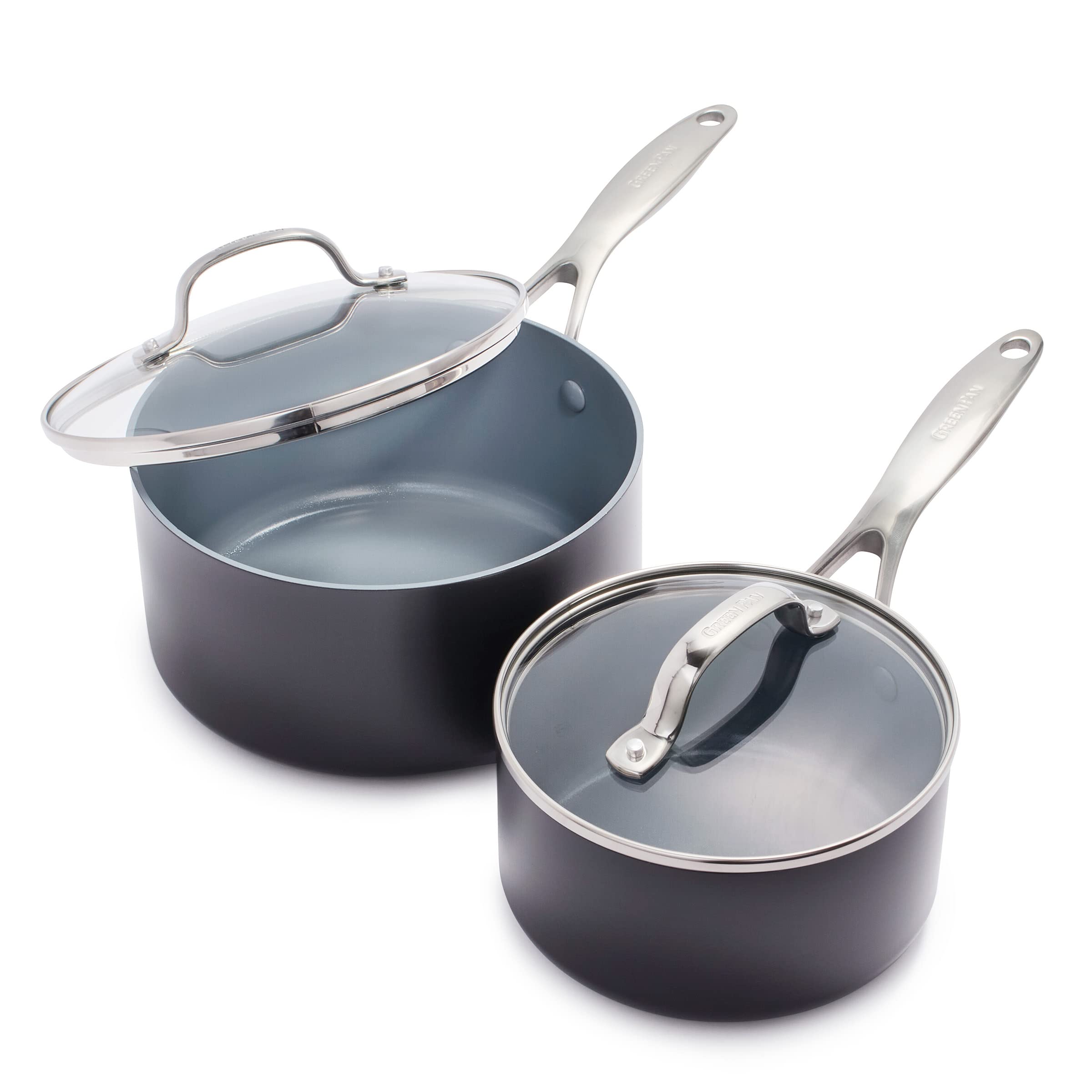 Photo 1 of GreenPan Valencia Pro Ceramic Nonstick 1.66QT & 3.3QT Saucepan Pots with Lids Set, Hard Anodized PFAS-Free Cookware, Induction Ready & All Cooktops, Soup & Sauce, Dishwasher & Oven Safe to 600F, Gray