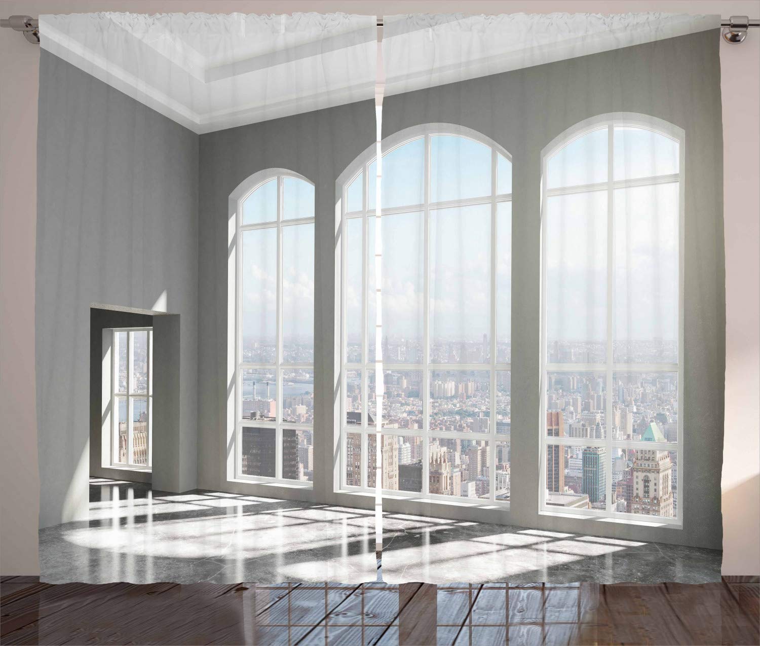 ABAKUHAUS Modern Curtains, House in Urban City Scenery with Country Home View from Windows Print, Living Room Bedroom Window Drapes 2 Panel Set, 280 x 260 cm, Gray White — image 1