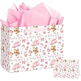 Woosytoo Pink Bear Gift Bag for Baby Girls Large Bear Baby Girl Birthday Gift Bag with Wrapping Paper and Card Pink Teddy Bag for Newborn Kids Baby Shower Gender Reveal First Bday Party Supplies