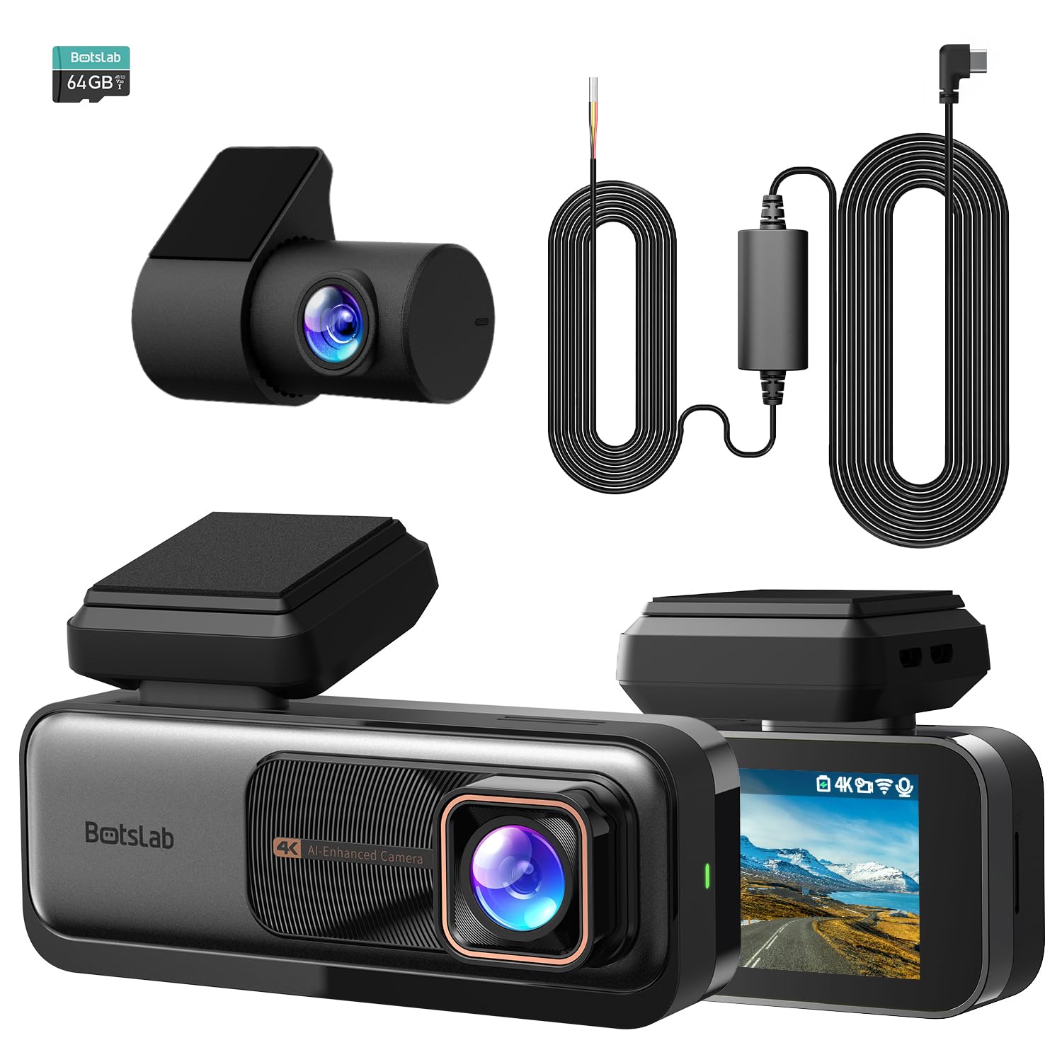 Photo 1 of BOTSLAB 4k Dash Cam Front and Rear, 24/7 Parking Monitor with Hardwired Kit, 170° Ultra Wide Dashcam, ADAS, IMX415 Sensor, Night Vision, WDR, Loop Recording, 5G/2.4G WiFi & GPS, Free 64GB Card