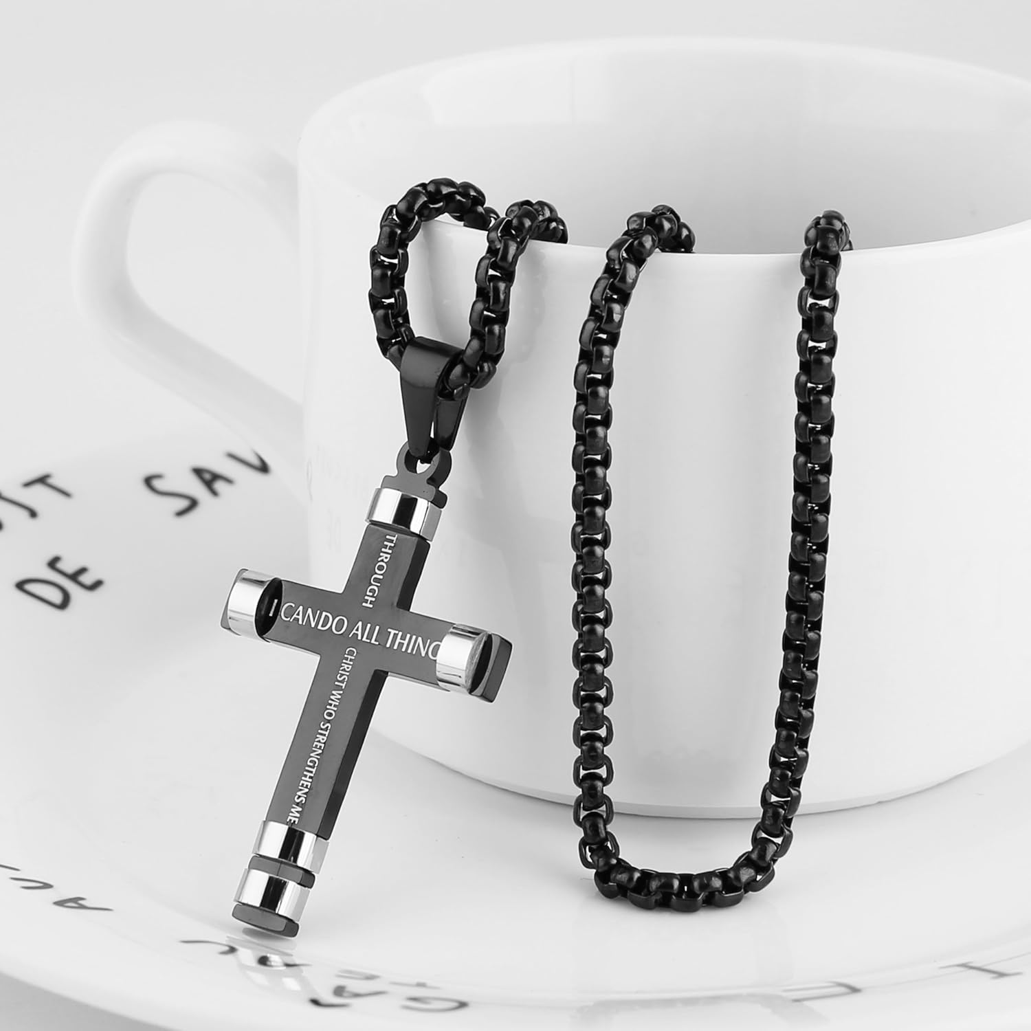 HZMAN Philippians 4:13 Cross Pendant STRENGTH Bible Verse Stainless Steel Necklace 3 Colors Available (Black) | 