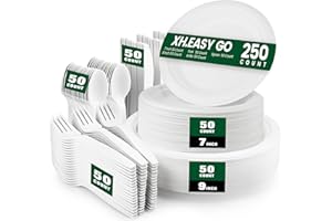 XH.Easy Go 250 PCS Disposable Paper Plates with Cutlery Set 100% Compostable and Heavy Duty Paper Plates Set Include 7&9 Inch