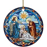 Stained Glass Themed Ceramic Nativity Scene Ornament - Birth of Jesus Hanging Decoration, Holy Religious Gift
