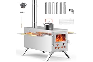 YTAOEO Upgraded Wood Stove, Hot Tent Stove Camping Portable Stainless Steel Wood Burning Stove with 7 Chimney Pipes for Wall Tent Camping, Hunting, Heating, Cooking, Ice Fishing, Boiling Water - Large