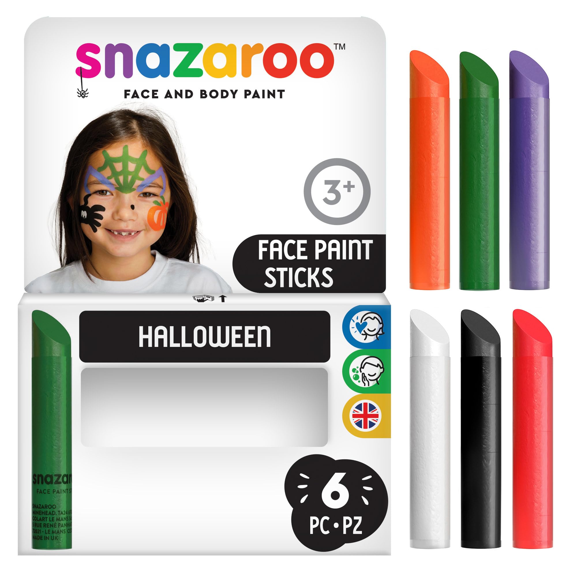 Snazaroo Painting Sticks, Halloween Pack of 6, Safe and Non-Toxic, Easy to Remove with Soap & Water, ideal for parties and fancy dress occasions, for Ages 3+