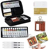 Mini Watercolor Paint Kit, Mini Watercolor Travel Set, Wood Pocket Palette Travel Paint Kit with Carry bag, 12 Paint, Brush, Sketchbook & Copper Clip for Painters, Art Lovers Outdoor or Urban Sketchers