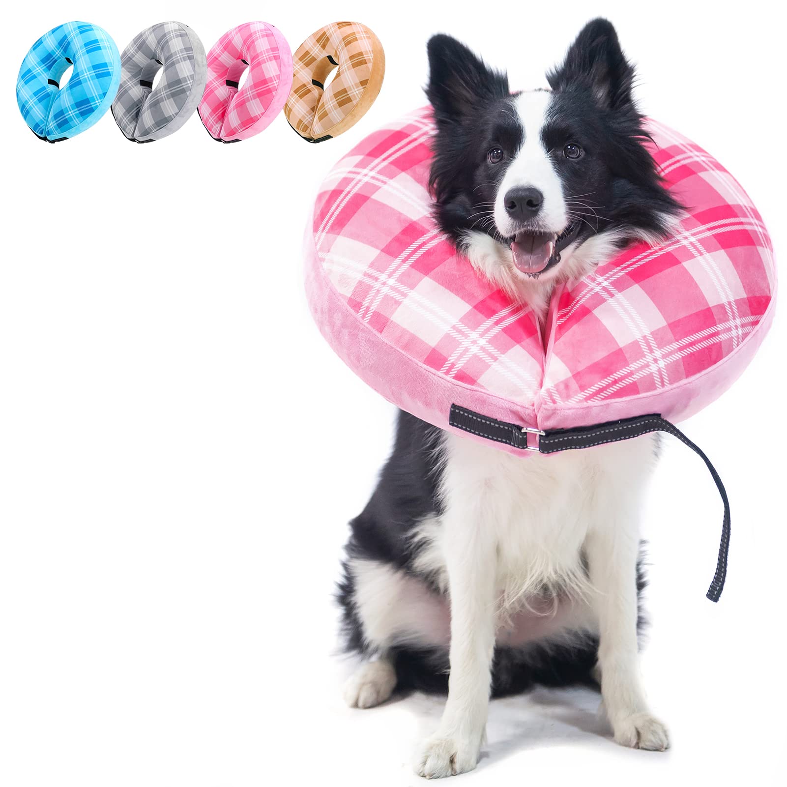 BEAUTYZOO Inflatable Dog Collars after Surgery Large, Soft Cone for Dogs Prevent Licking, Doggie Elizabethan E Collar Recovery Head Neck Cone Medical Donut Collar, Plaid Pink, L