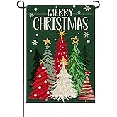 Artofy Merry Christmas Trees Small Decorative Garden Flag, Green Xmas Snowflake Farmhouse Yard Lawn Outside Decor, Winter Holiday Burlap Outdoor Home Decoration Double Sided 12 x 18