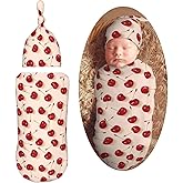 Muishi Red Cherrys Pattern Newborn Swaddle Blankets Hat Sets Soft Baby Receiving Blanket Swaddle Sack for Baby Shower Infant Boy Girl Gift