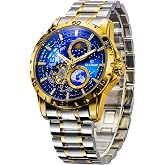 GLENAW Automatic Watches for Men, Rotating Earth Multifunctional Men's Mechanical Watch Starry Sky Dial Steel Band Stopwatch Sun Moon Stars Automatic Men's Watch (8950-Gold Blue1)