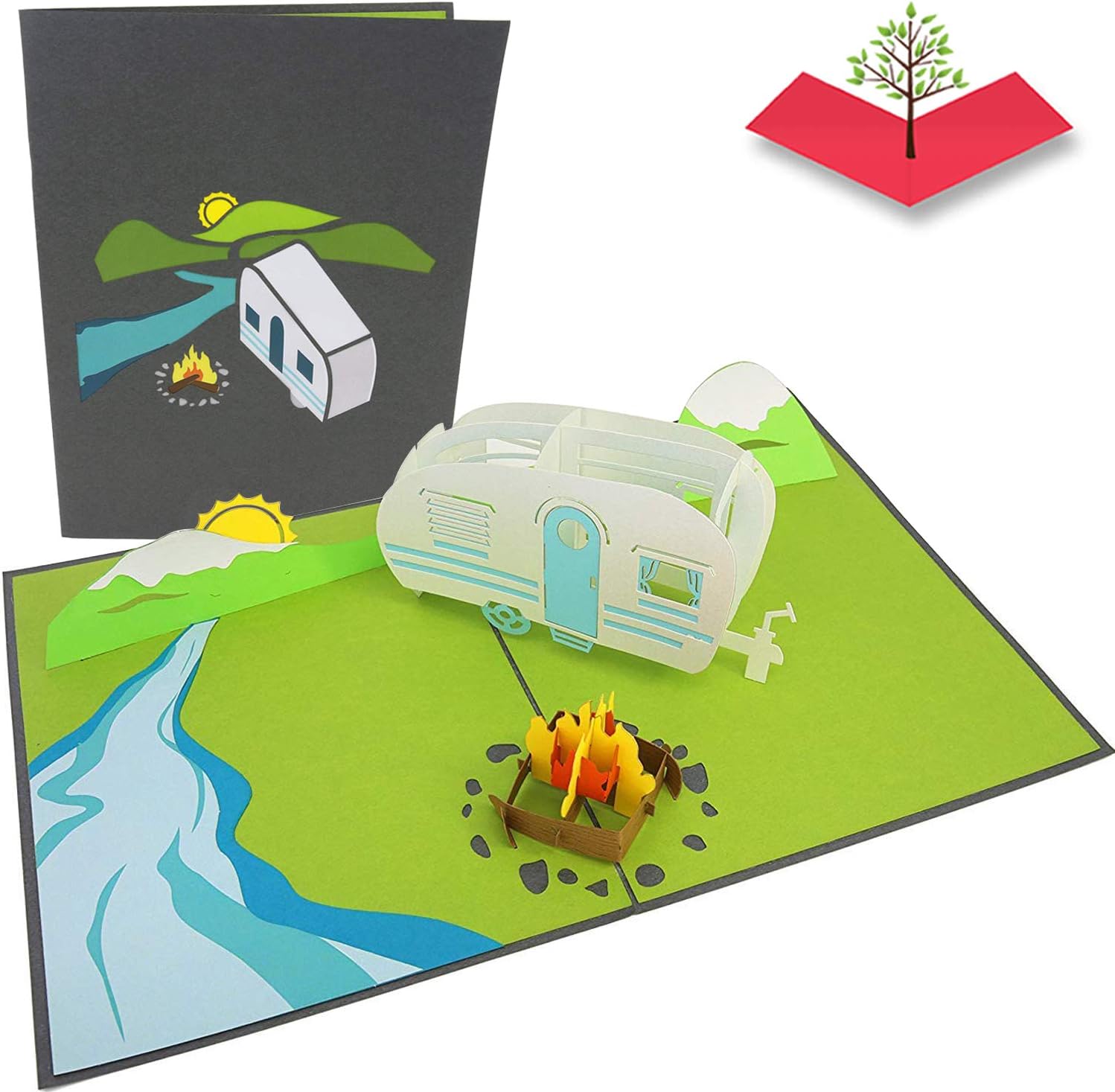 PopLife Camping Trip 3D Pop Up Card, RV Camper Trailer and Campfire Mountain Scene Greeting Card for Father’s Day, Birthday