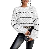 Floerns Women's Striped Long Sleeve Sweaters Knitted Crewneck Fall Outfit Loose Pullover Tops
