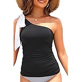 Women Tankini Bathing Suit Top - One Shoulder Swim Top Only Tummy Control Swimsuit Tie Swimwear