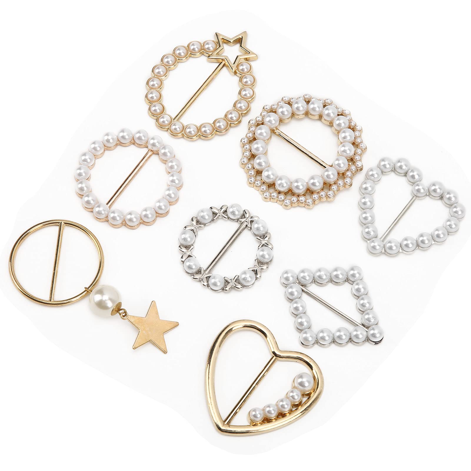 Pssopp 8Pcs Shiny Pearl Scarf Buckles and Clasps - Scarf Holder Clips for Women's Scarves, Shawls, Neckerchiefs, T-Shirts, and Clothing Wraps