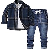 CHAOXIAOBEI Boys Plaid Outfit 2Pcs Set, Long Sleeve Shirt and Denim Jeans, Elastic Waist Navy Fall School Clothes 4-8Y