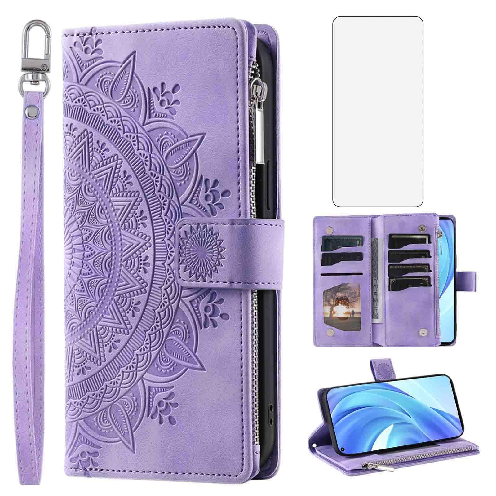 Asuwish Phone Case for Xiaomi Mi 11 Lite 4G/5G Wallet Cover With Tempered Glass Screen Protector and Wrist Strap Mandala Flower Leather Flip Zipper Card Holder Slot Cell Mi11Lite Mi11 11Lite G5 Purple