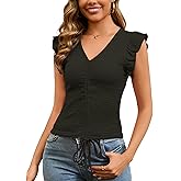 Haianguoji Women's Ruffle Trim Ruched Tank Top Cinched Drawstring Fitted Blouse for Dressy Casual Summer (XS-XXL)