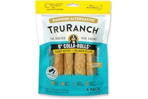 TRURANCH 6" Collagen Rolls, Peanut Butter, Healthy Joint Support Dog Treat, Rawhide Alternative, Skin & Coat Health, Made with Real Peanut Butter, 1 Bag, 4 Count