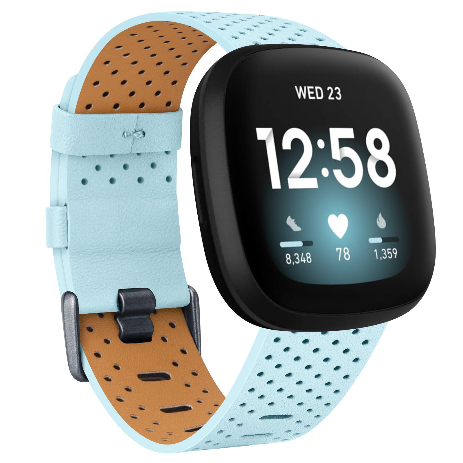 Strap Compatible with Fitbit Versa 3 / Fitbit Sense Strap Leather, Genuine Leather Replacement bands Compatible with Versa 3, Women Man (Small, Lightblue)