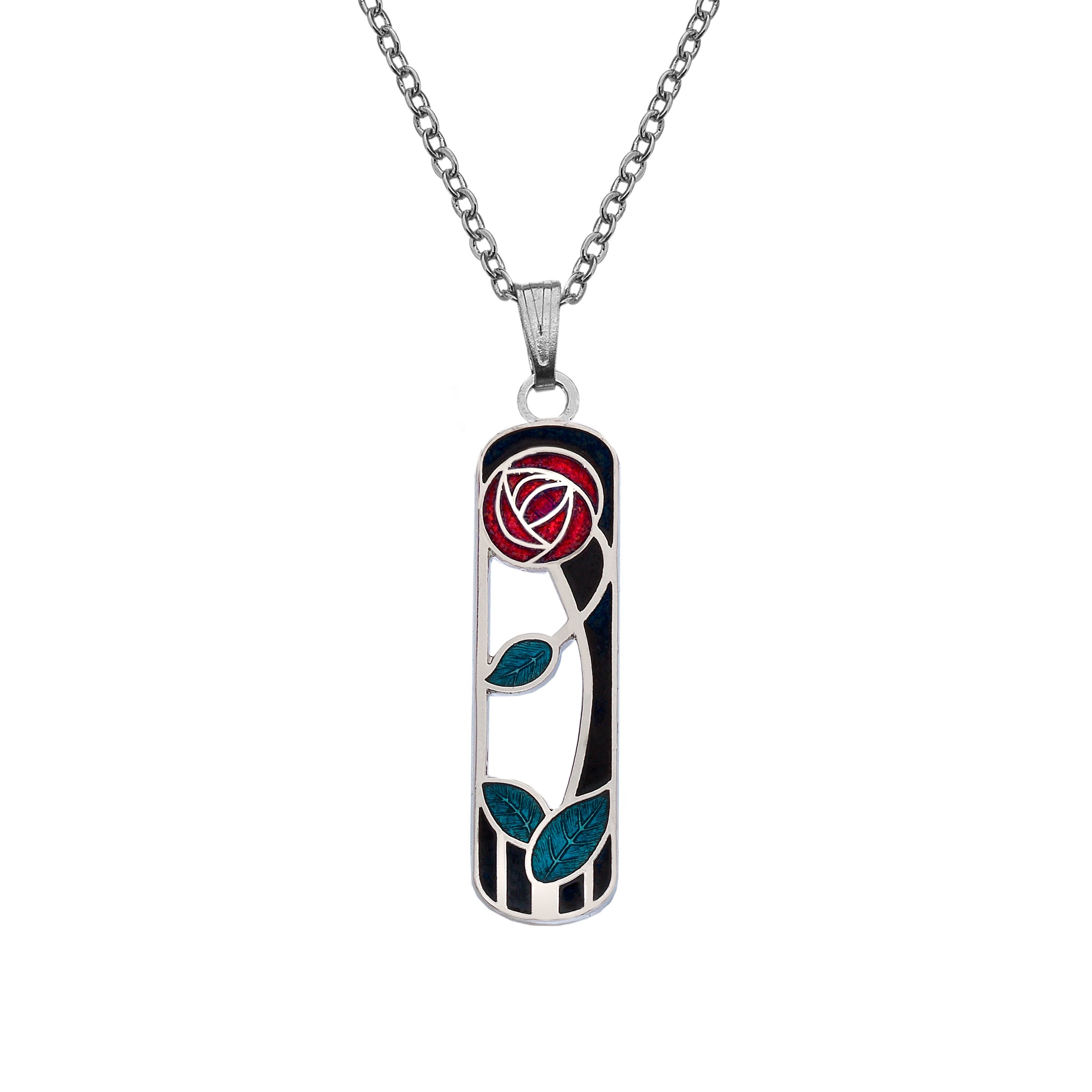 Rennie Mackintosh Inspired Enamelled Rectangle 32mm Rose & Leaf Coil Necklace Pendant On 16 Inch Chain In Presentation Box (Black)