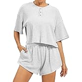 AnotherChill Women's Cropped Waffle Knit Lounge Set – Short Sleeve Henley Top and High Waisted Shorts 2 Piece Casual Outfit