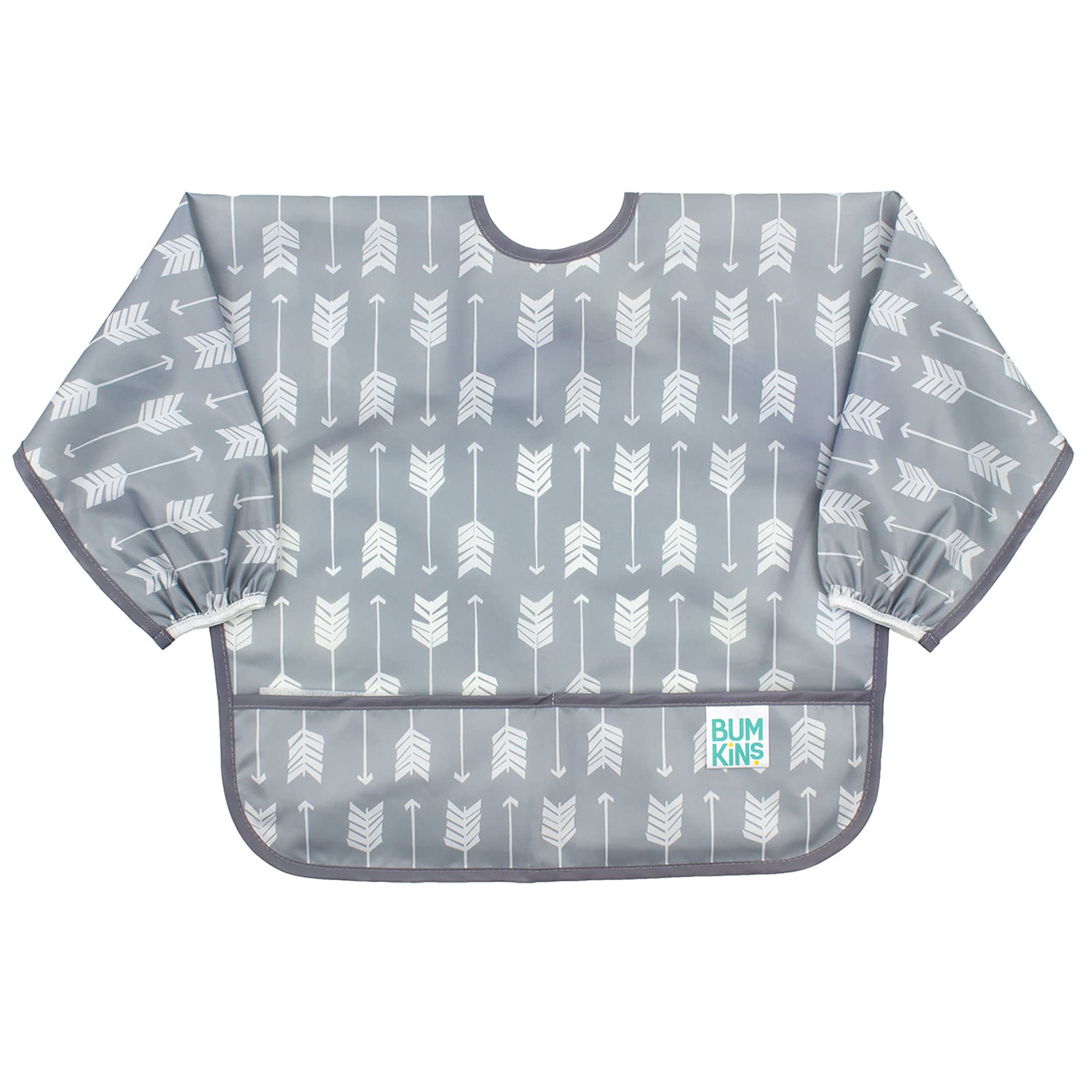 Bumkins Sleeved Bib, Handy Tie Closure for Custom Fit, Catch-All Pocket, Baby-Led Weaning, Waterproof, Machine Washable, Stain & Odour Resistant, BPA Free, 6-24 Months, Arrows Design