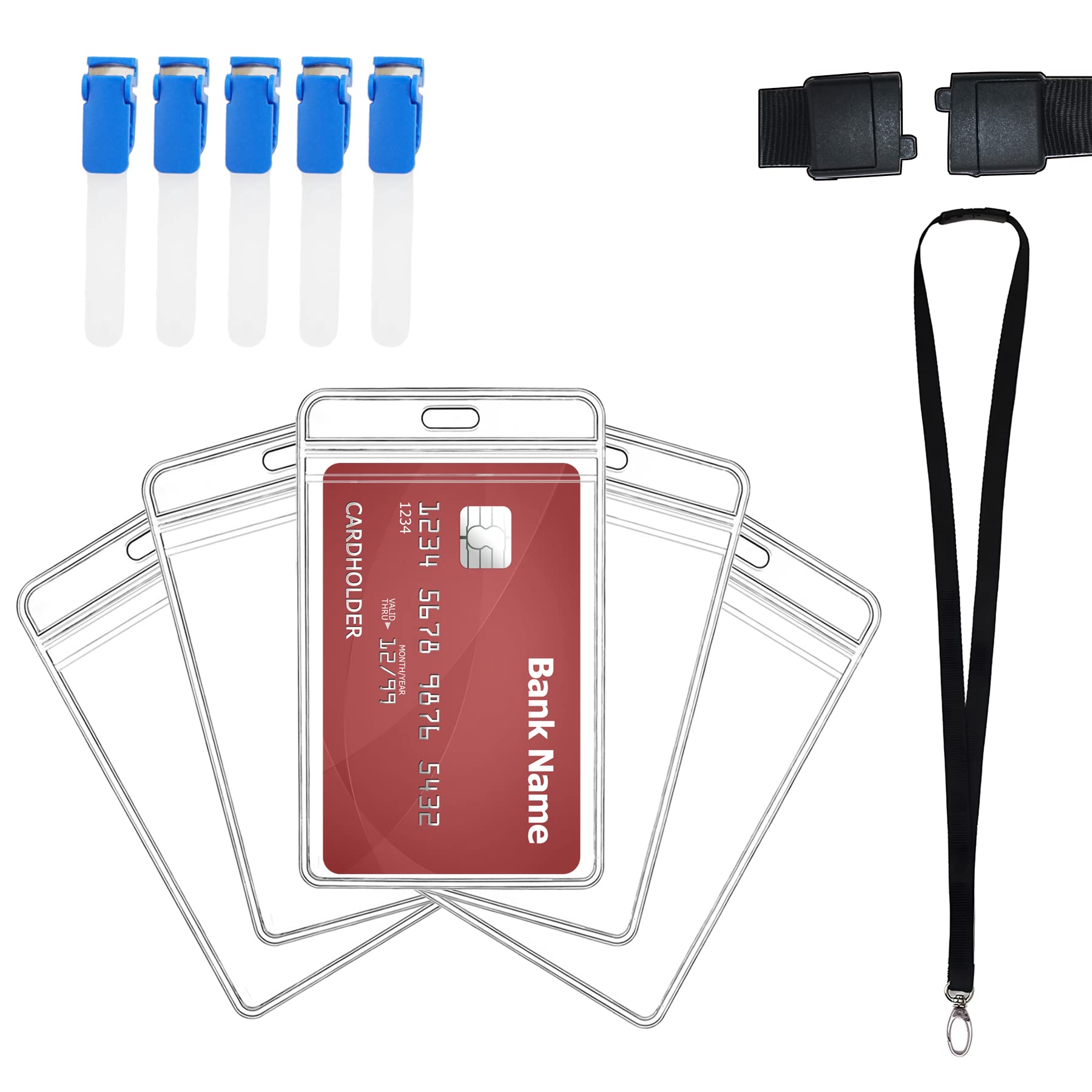 5 Pack Plastic Waterproof ID Badge Holders with Safety Breakaway Lanyard and Crocodile Clips, 2-Sided Clear Windows, Hanging Pass Holders with Resealable Zipper Vertical