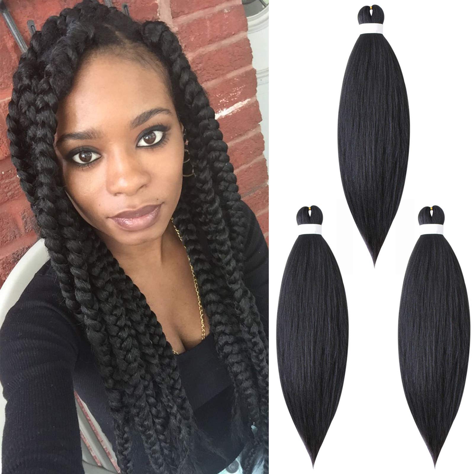 Pre stretched Braiding Hair Easy Braid Professional Hair Extensions Hot Water Setting Synthetic Fiber Crochet Twist Hair Yaki Texuture Itch Free Long Soft (26inch 3packs Natural Black)