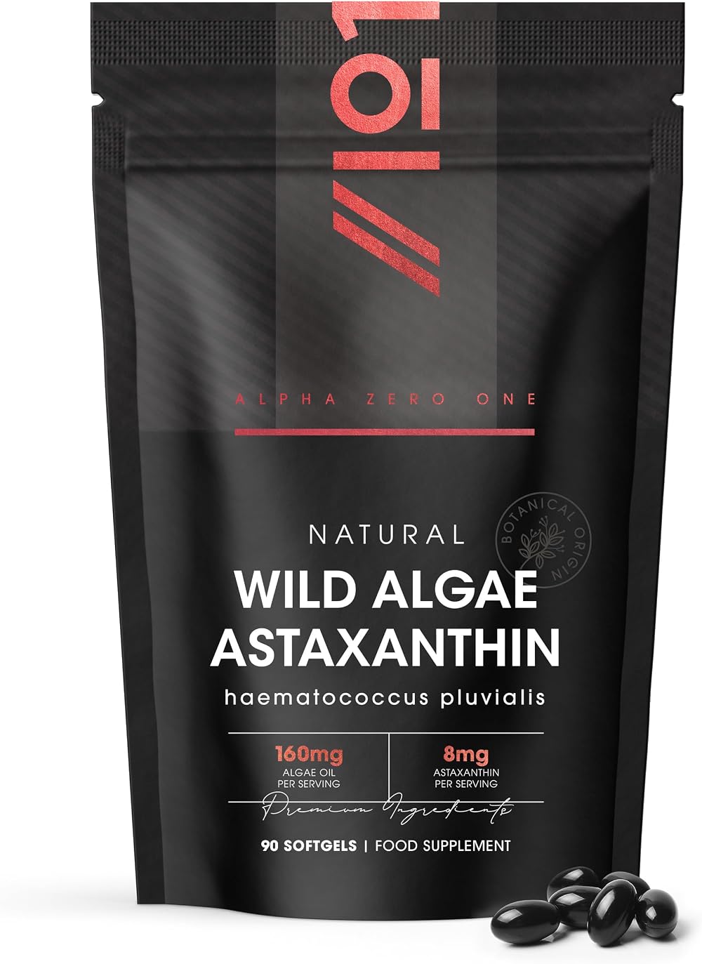 ALPHA01 Wild-Algae Astaxanthin 160mg 90 Softgels Resealable Pouch