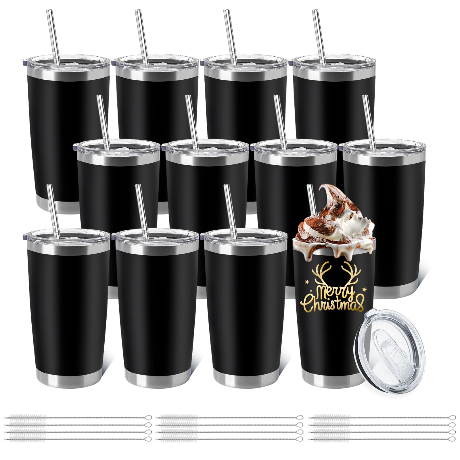 Photo 1 of YOUKE OLA 12 Pieces Insulated Coffee Tumbler Blank Stainless Steel Double Wall Vacuum Travel Tumbler Cup with Lid and Straw for DIY Gift, Black 20oz