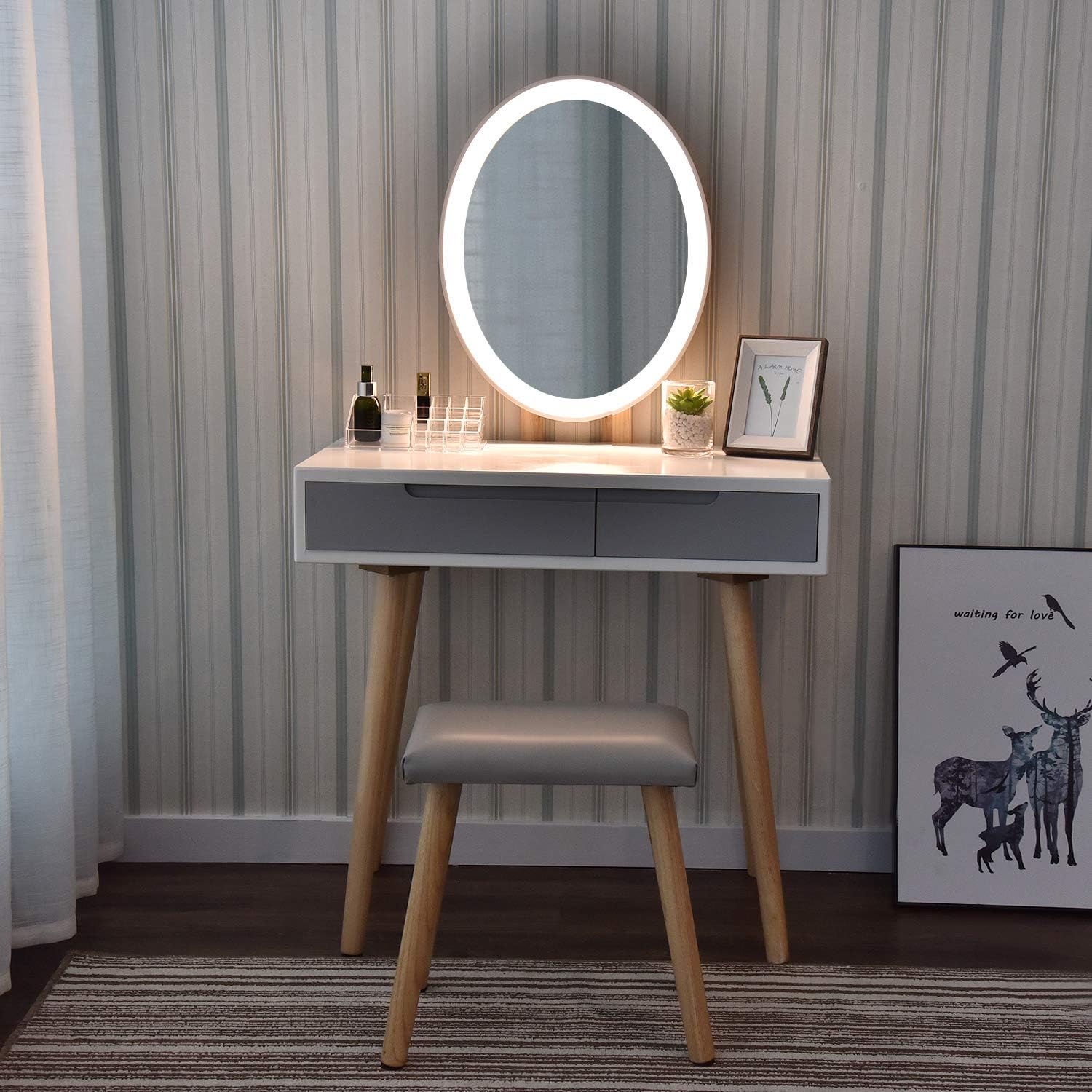 ARTETHYS White Dressing Table with LED Light Adjustanble Brightness Mirror Makeup Table Stool Set Modern Dresser Vanity Cushioned Stool with Free Makeup Organizer (Round Mirror)