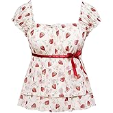 Verdusa Women's Cute Bow Strawberry Floral Mesh Cap Sleeve Layered Ruffle Fitted Crop Tops