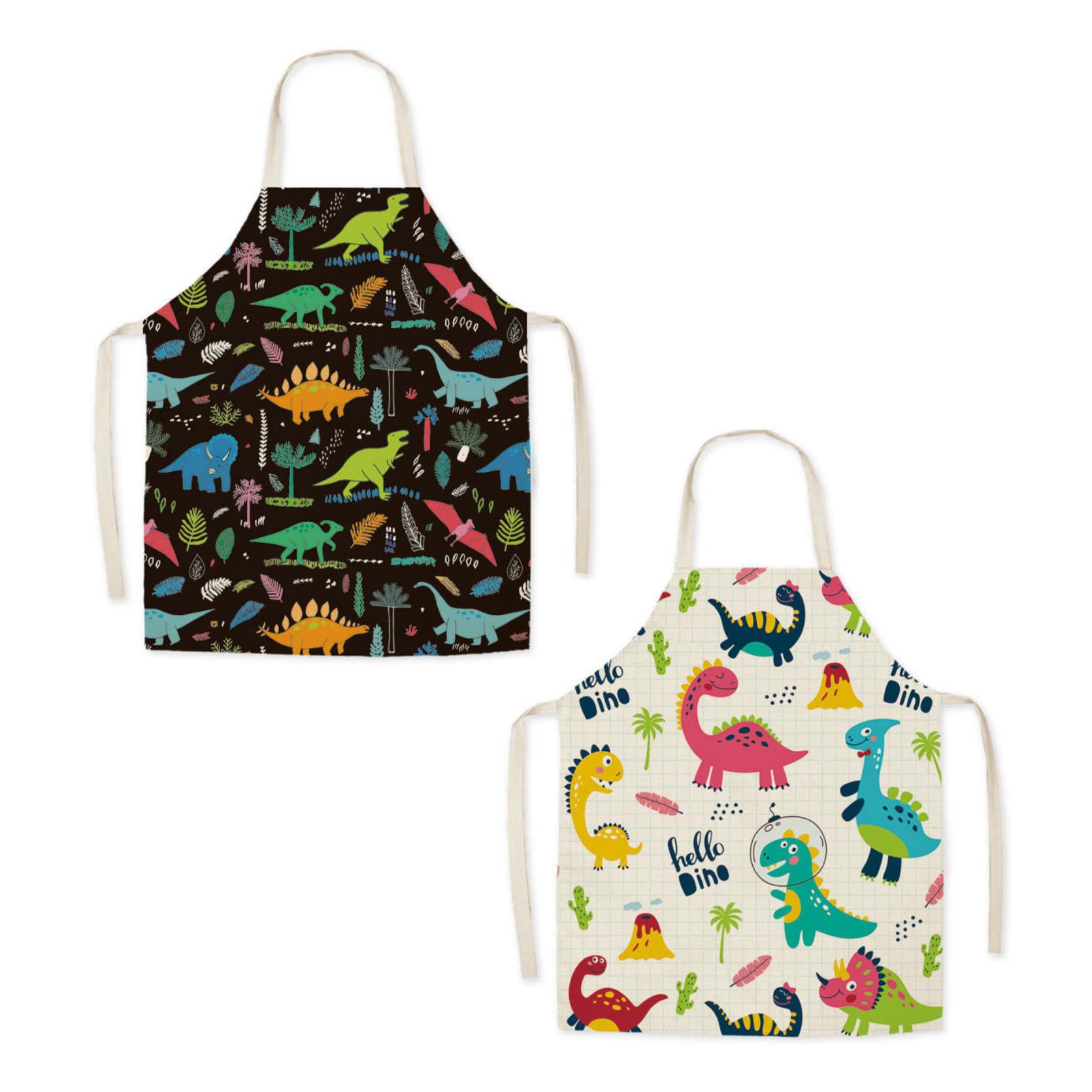 XLKJ 2 Pcs Cute Dinosaur Apron, Cartoon Style Kids Apron Cute Pattern Linen Kitchen Apron, Adjustable Child Chef Aprons Girls Boys Bib Apron for Art Painting Gardening