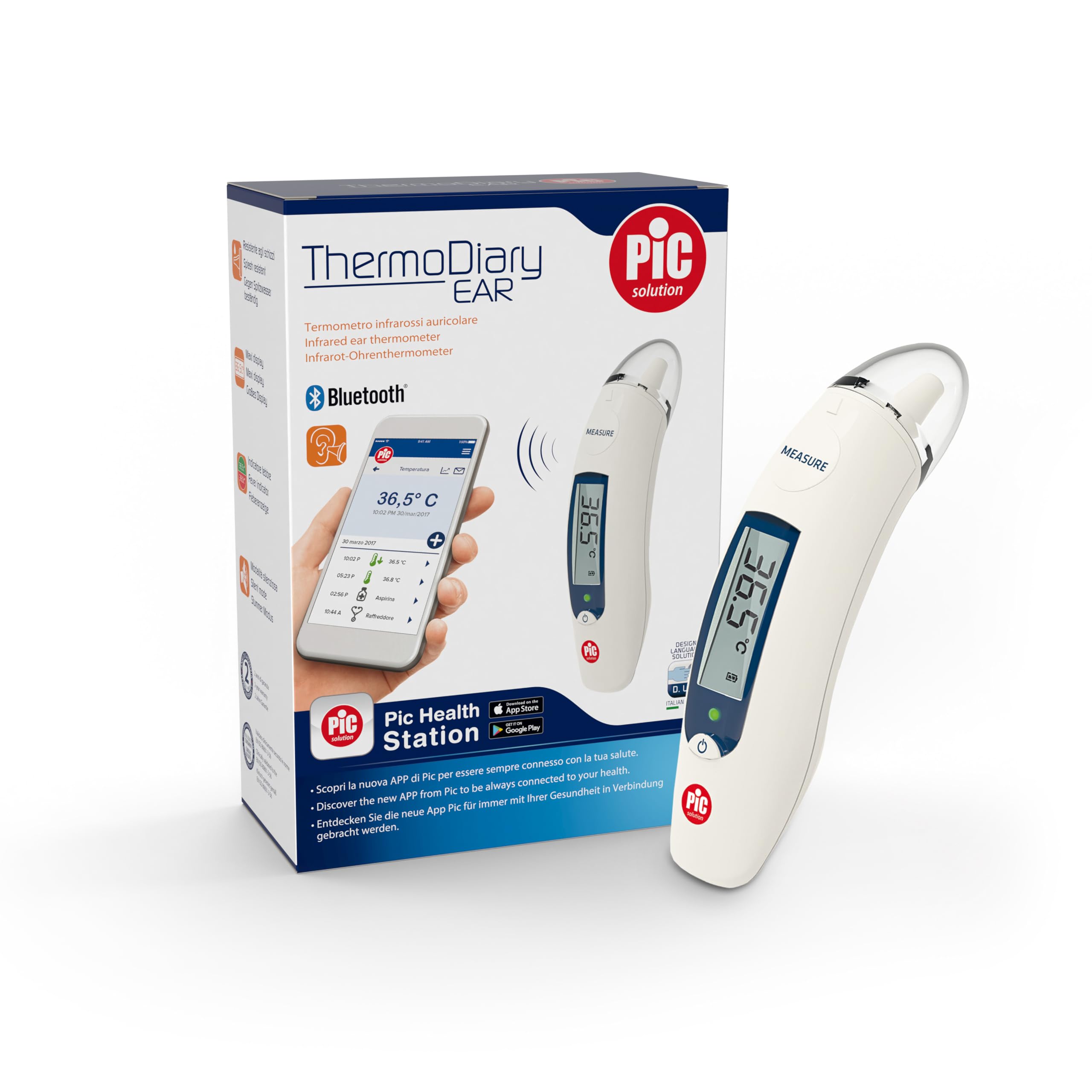 Pic Solution ThermoDiary Ear - Infrared Thermometer Headset Connected to App without Probe Cover