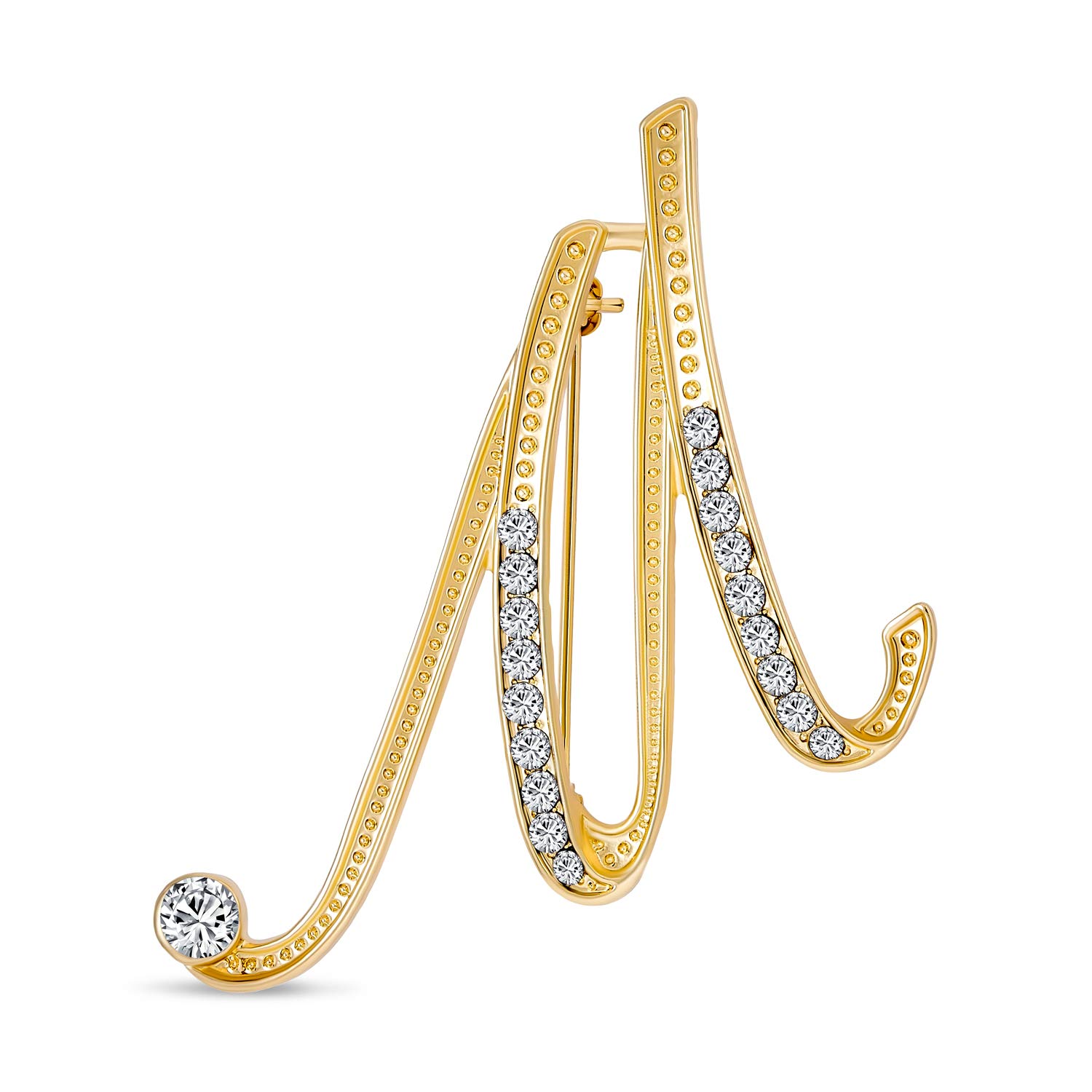 Large Statement ABC Pave Crystal Cursive Script Monogram Letters Alphabet Initial M Scarf Lapel Pin Brooch For Women Yellow Gold Plated
