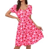 Women Valentine's Mini Party Dress Swing Heart Print Short Puff Sleeve Vintage Outfit Heart Pink XL