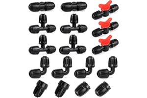 RedChili 17 Pcs 1/2 Inch Irrigation Tubing Fittings Kit, (1/2" ID x0.6-0.65" OD) 16mm Drip Tubing Barbed Locked Nuts Connectors with 2 Couplings 4 Tees 2 Ends 4 Elbows 3 Valves 2 Faucet Adapters