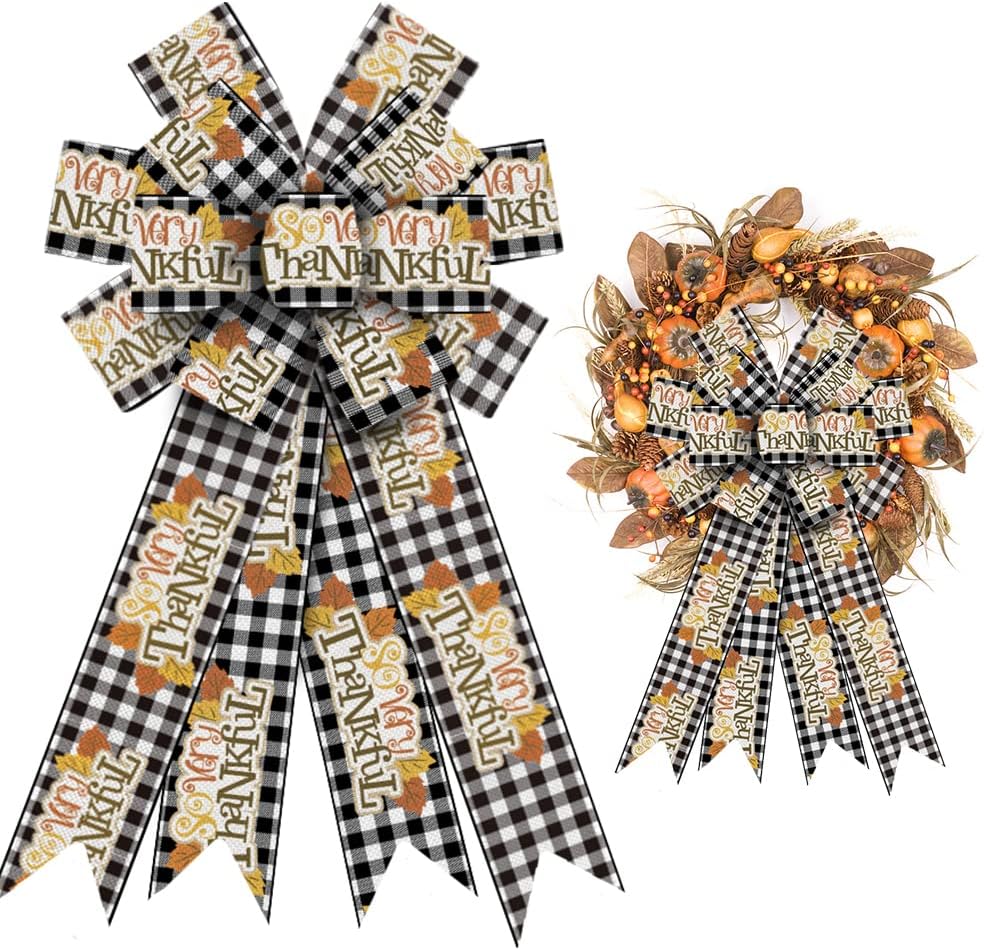 Bows & Ribbons - ALIBBON Large Fall Bows for Wreaths, Thanksgiving Wreath Bows, Black White Buffalo Plaid Bows, Words Bows for Front Door, Fall Thanksgiving Decor, Burlap Bows for Wreath Indoor Outdoor Decorations