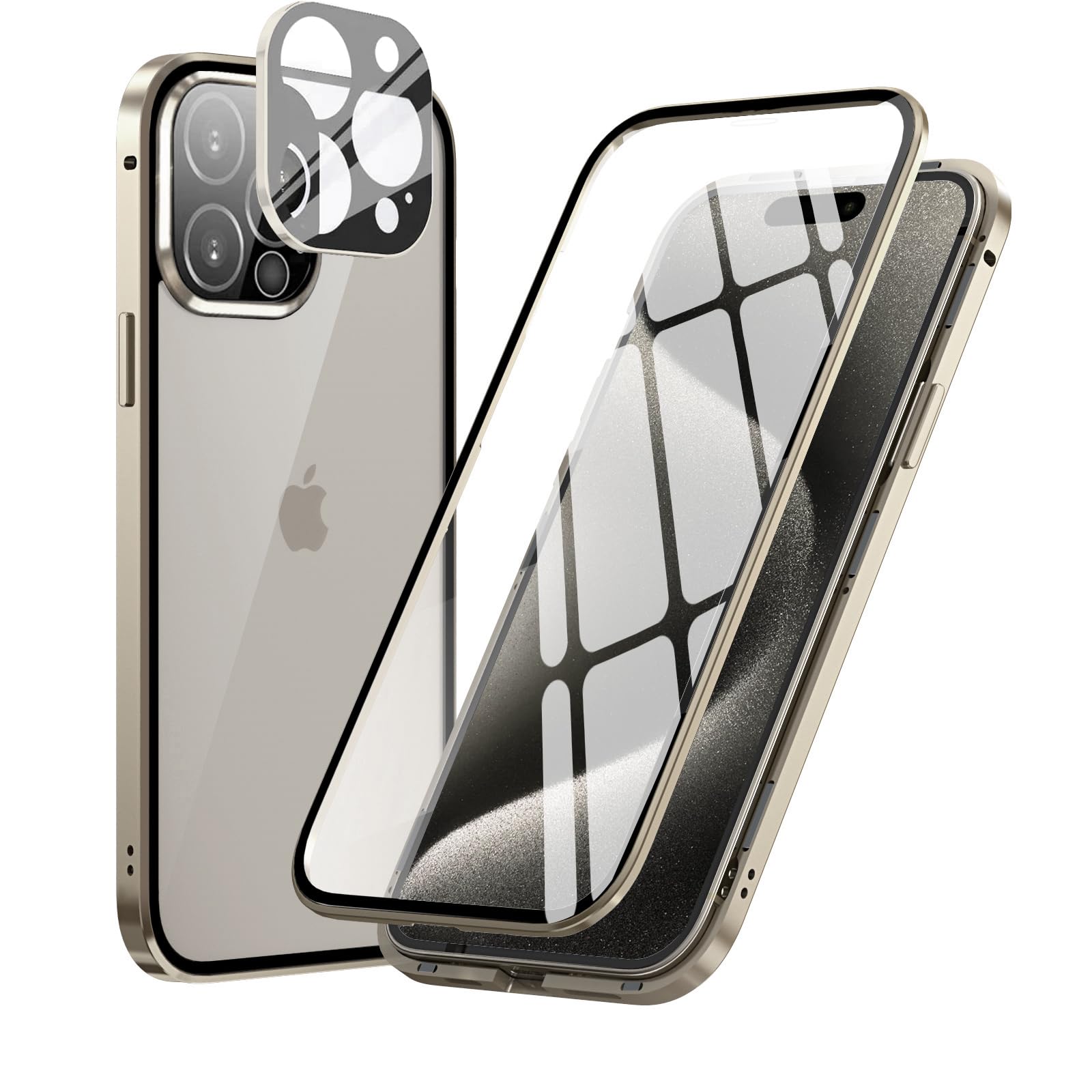 MIMGOAL Case for Apple iPhone 15 Pro Max, Magnetic Metal Bumper with Front and Back Transparent Tempered Glass Cover 360 Degree Full Body Protective Case for iPhone 15 Pro Max 6.7", Natural Titanium