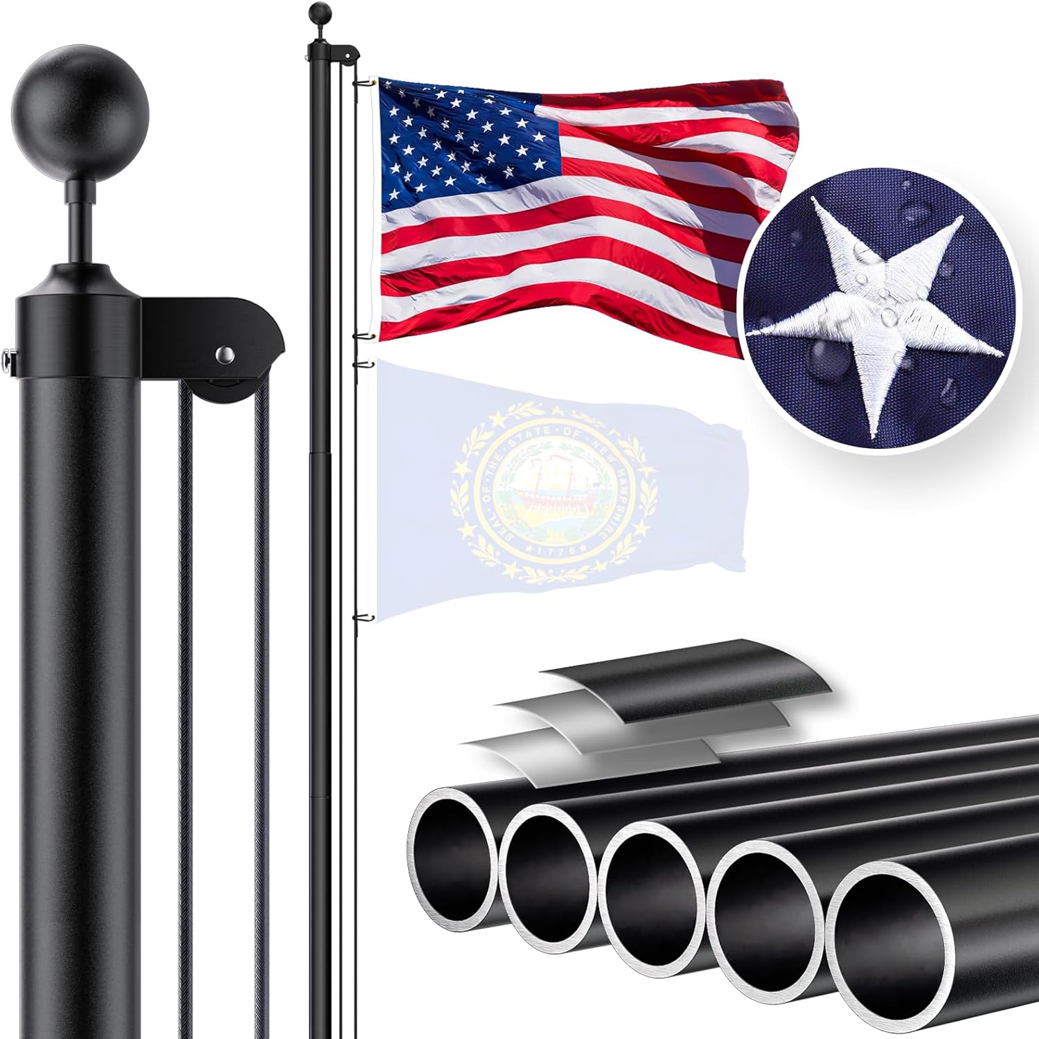 Flagpole Hardware - RUFLA Black Heavy Duty Flag Poles for Outside House in Ground - 25FT 12 Gauge Extra Thick Sectional Aluminum Flagpole with 5x3 Nylon Embroidered Flag, Flag Pole Kit for Yard, Outdoor or Residential
