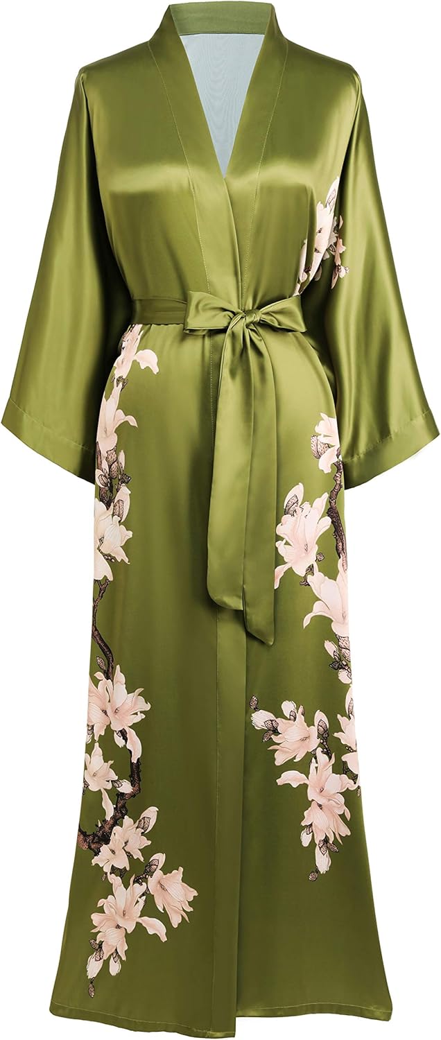 BABEYOND Kimono Robe Cover up Long Floral Satin Sleepwear Silky Bathrobe Bachelorette Robe (Green) at  Women’s Clothing store