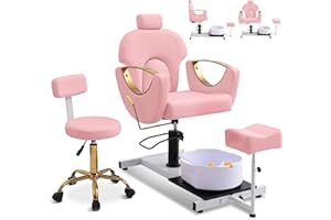 KIGOTY Pedicure Chair No Plumbing with Massage Foot Spa & Stool, Adjustable Hydraulic Lift Reclining Pedicure Station, 360° Swivel Nail Tech Pedicure Chair for Salon Spa Home, Pink-Gold