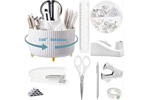 Gawsey White Desk Organizers and Accessories 10Pcs Set with 360-Degree Rotating Pen Holder, Tape Dispenser, Stapler, Staple Remover, 1000 Staples, Tape, Clips Set, Ruler, Scissor, Pen