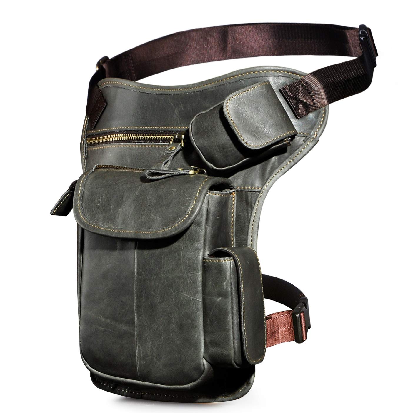 Le'aokuu Mens Genuine Leather Messenger Motorcycle Tactic Hip Bum Belt Waist Pack Drop Leg Thigh Bag (3106 3 Grey)
