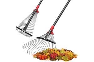 FEBLOMST Rake for Leaves, Adjustable Leaf Rakes for Lawns Heavy Duty, Garden Metal Rake with 9”-17” Rake Head, 18 Clog-Free Tines, 5 ft Long Handle, Gardening Tools for Yard Cleanup, Camping Rake Collapsible