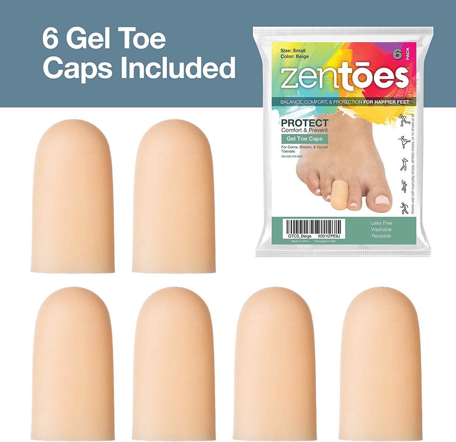 ZenToes 6 Pack Gel Toe Cap and Protector - Cushions and Protects to Provide Relief from Missing or Ingrown Toenails, Corns, Blisters, Hammer Toes (Small, Beige): Health & Personal Care