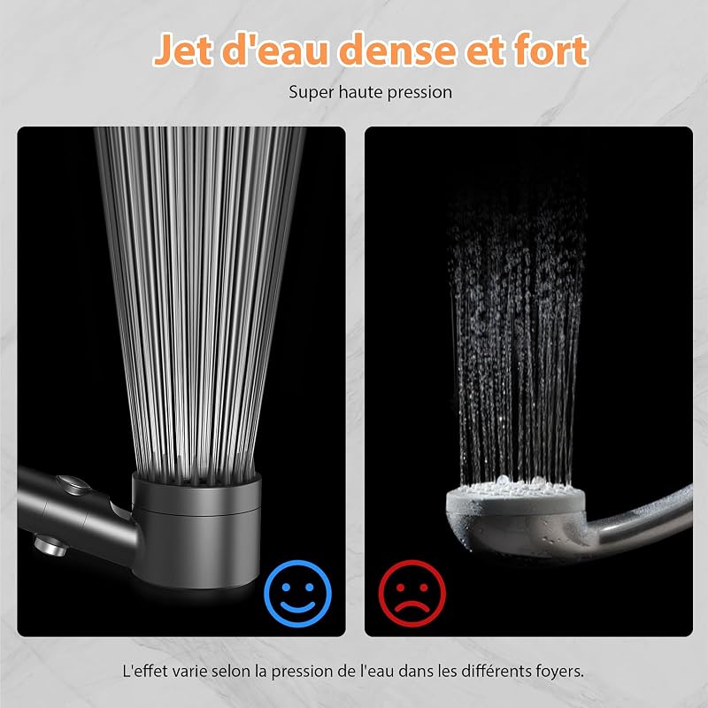 Pommeau de Douche Anti Calcaire avec 15 Étapes Filtre et avec Tuyau 1,5M, Filtre Douche 3 + 1 Types de Jets Pommeau Économie Deau Haute Pression