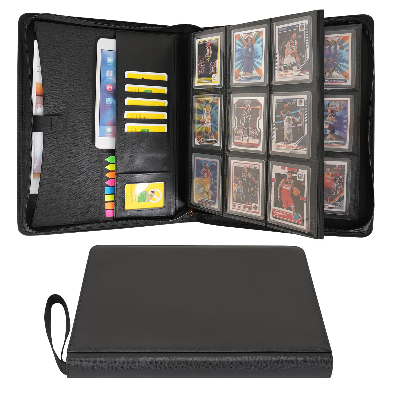 Wonderpool Toploader Binder Trading Card Album Storage 9 Pocket - 360 Side Loading Holds Toploaders with Extra Interior Pockets | PU Leather Notebook for MTG TCG Yugioh Game Sports Cards (Black)